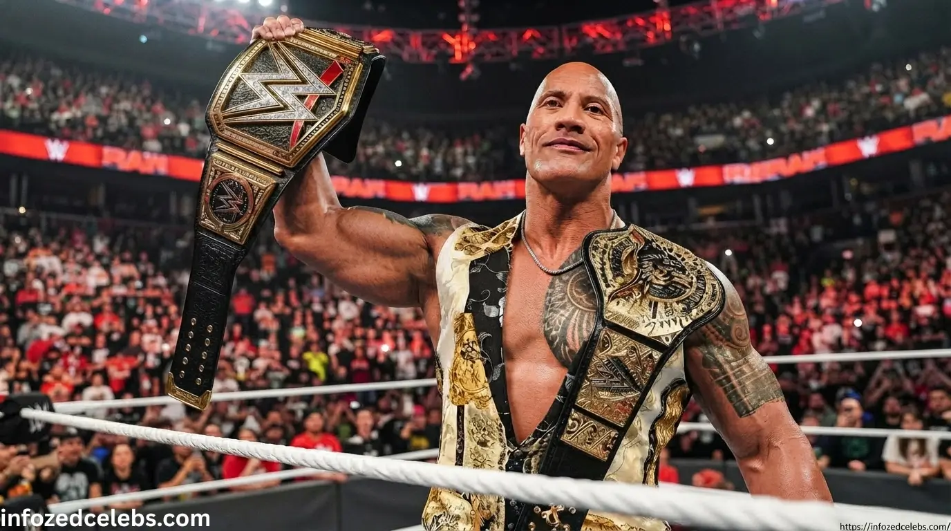 Dwayne Johnson in a wrestling ring holding a championship belt